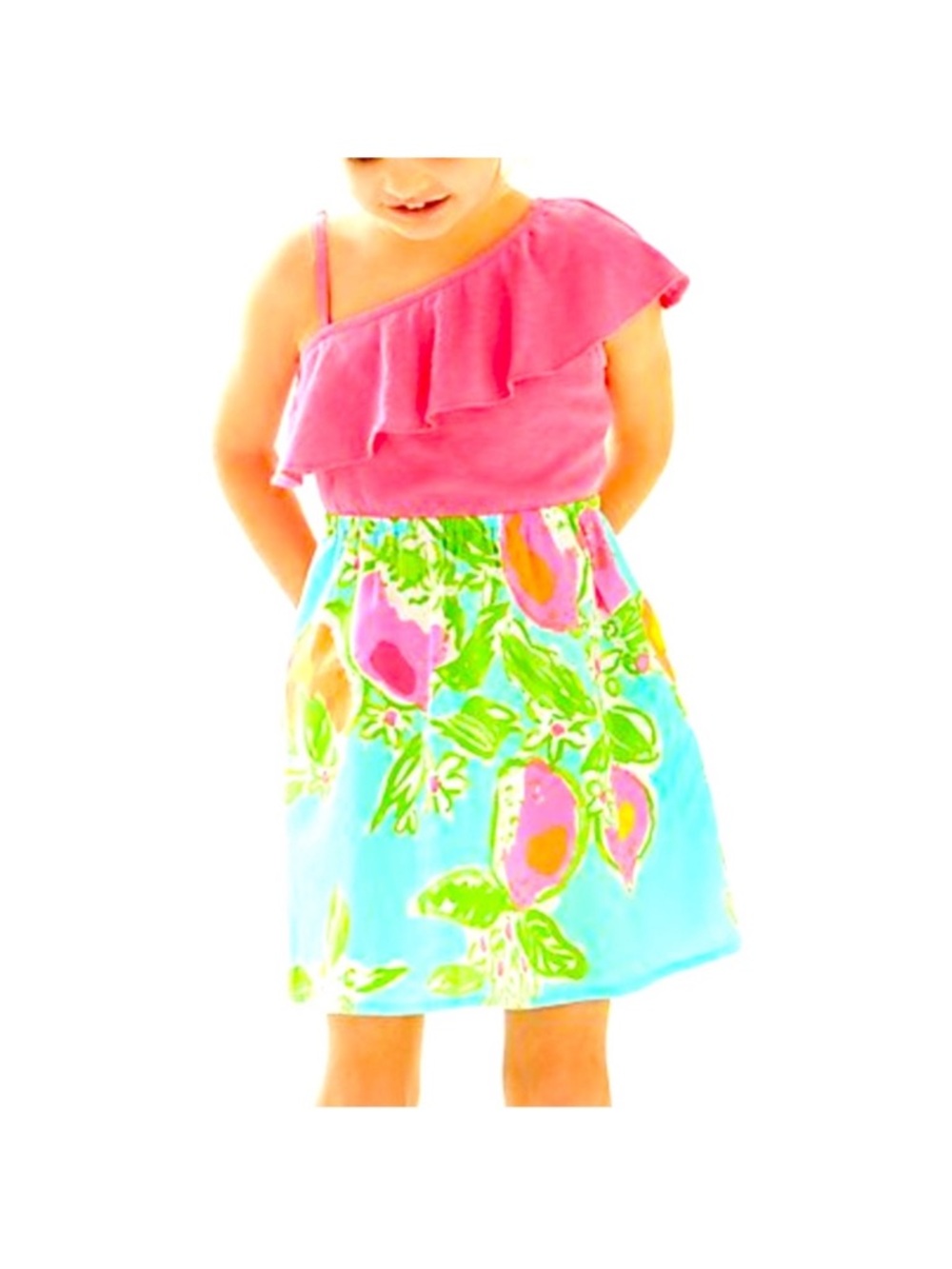 Lilly Pulitzer Flamingo Pink One-Shoulder Dress with Blue Floral Skirt Girls XS